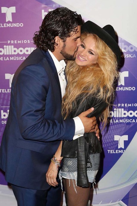 CORAL GABLES, FL - APRIL 28:  Gerardo Bazua and Paulina Rubio are seen backstage at the Billboard Latin Music Awards at the Bank United Center on April 28, 2016 in Coral Gables, Florida.  (Photo by Alexander Tamargo/Getty Images)