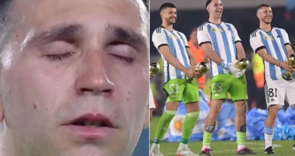 El nuevo show del Dibu Martínez: Lloró durante himno y repite obsceno gesto